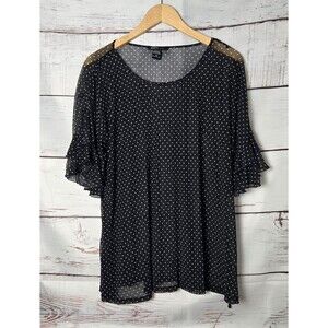 Robert Louis Womens Top Size 1X Black Polka Dot Sheer Ruffle Sleeve Side Ties